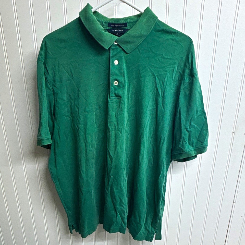 Lands' End Men's XL Green Solid Supima Cotton Short Sleeve Collared Polo